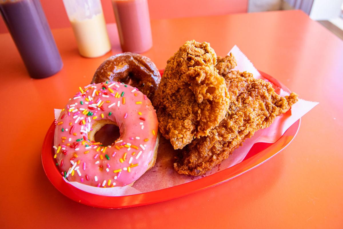 stawberry spinkle donut and fried chicken